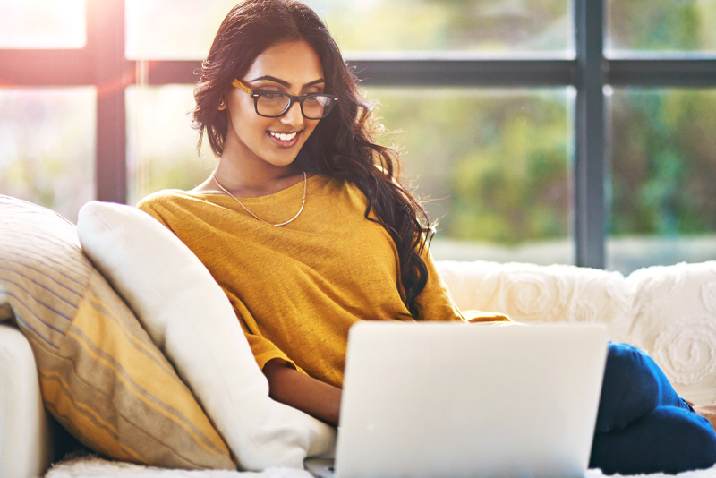 A woman researching banking options